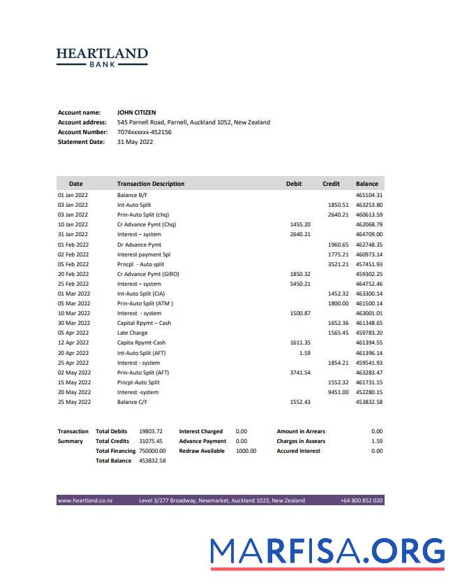 Realistic New Zealand Heartland bank statement excel example